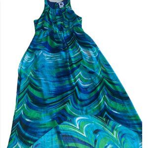 Vintage Vibrant Colorful Sleeveless Women Maxi Dress Empire Waist Geometric sz M